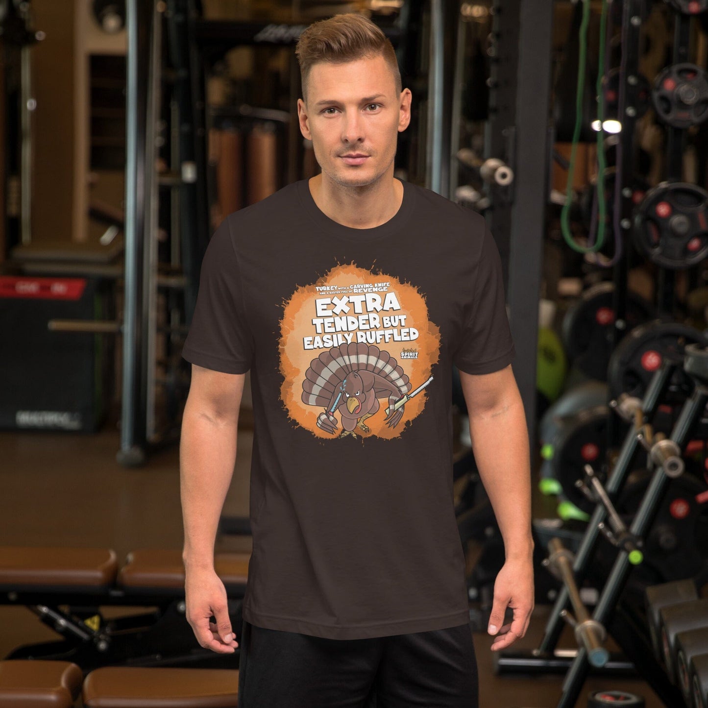Turkey with a Carving Knife and a Baster Full of Revenge Unisex t-shirt Danger Bear Industries Brown S