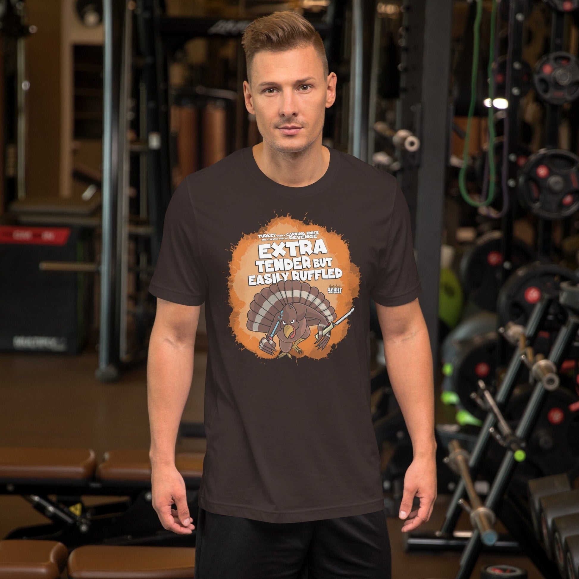 Turkey with a Carving Knife and a Baster Full of Revenge Unisex t-shirt Danger Bear Industries Brown S