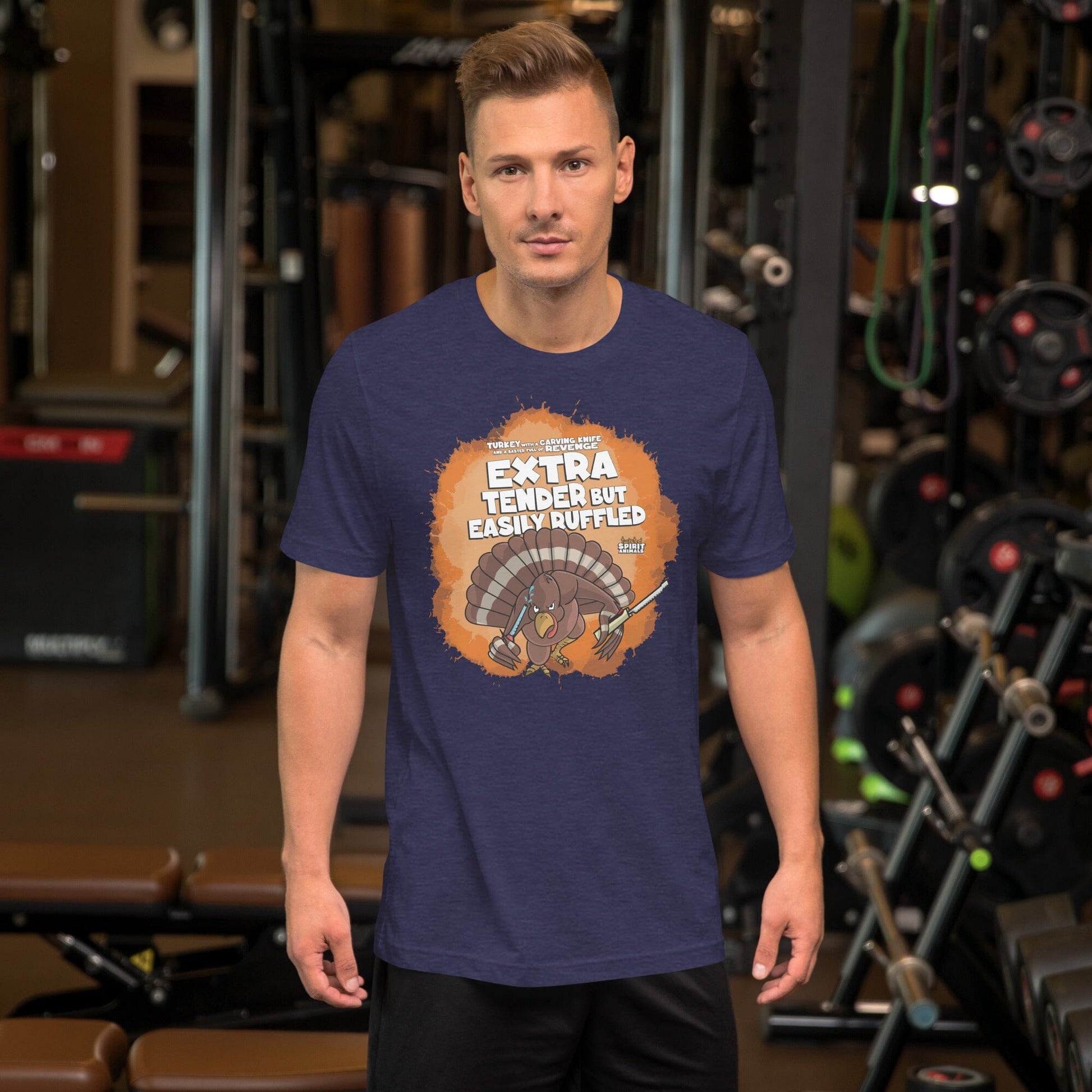 Turkey with a Carving Knife and a Baster Full of Revenge Unisex t-shirt Danger Bear Industries Heather Midnight Navy XS